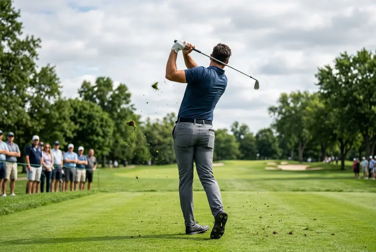 Golfare slår ett slag på fairway under en PGA Tour-turnering, illustrerar hur each way bet golf fungerar