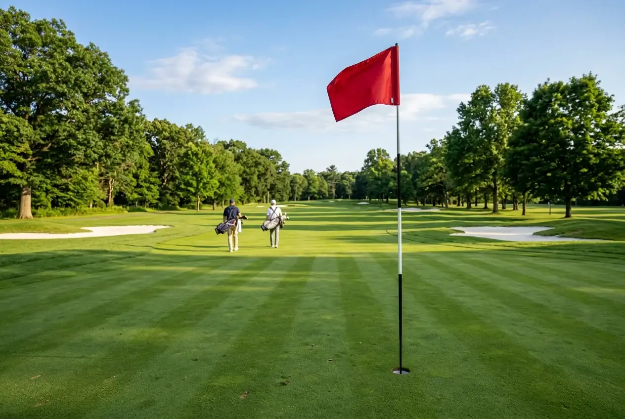 Golfbanans green med flagga och spelare i bakgrunden, symboliserar golf each way places och place terms